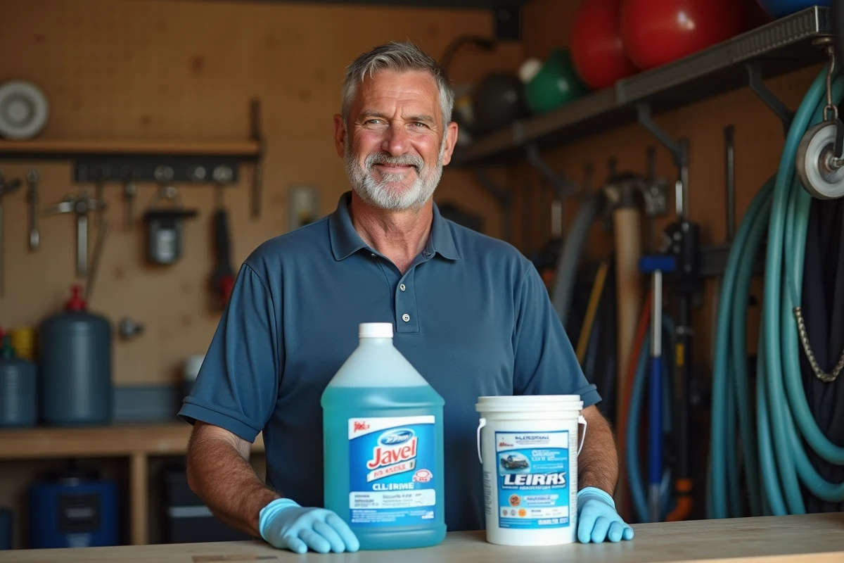 Homme comparant une bouteille d'eau de Javel et un produit chlore piscine professionnel dans un local technique