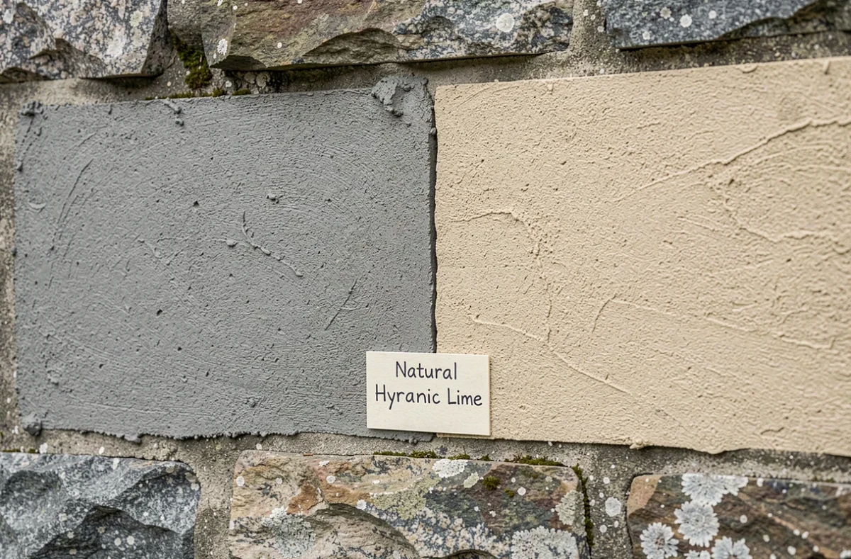 Comparaison visuelle entre mortier ciment-sable et mortier à la chaux hydraulique sur un mur en pierre ancienne