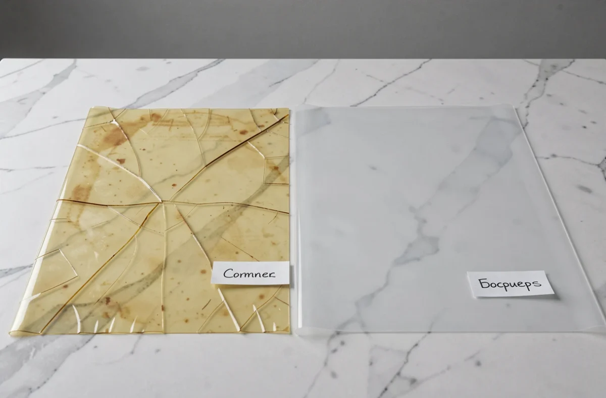 Comparaison côte à côte d'une nappe cristal de mauvaise qualité jaunie et d'une nappe cristal transparente de qualité supérieure
