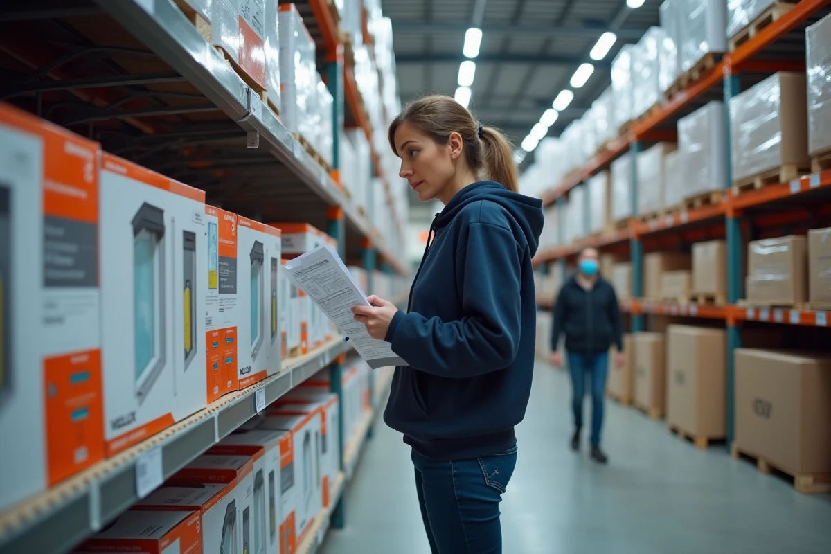 Femme comparant les prix des fenêtres de toit VELUX en rayon dans un magasin Brico Dépôt