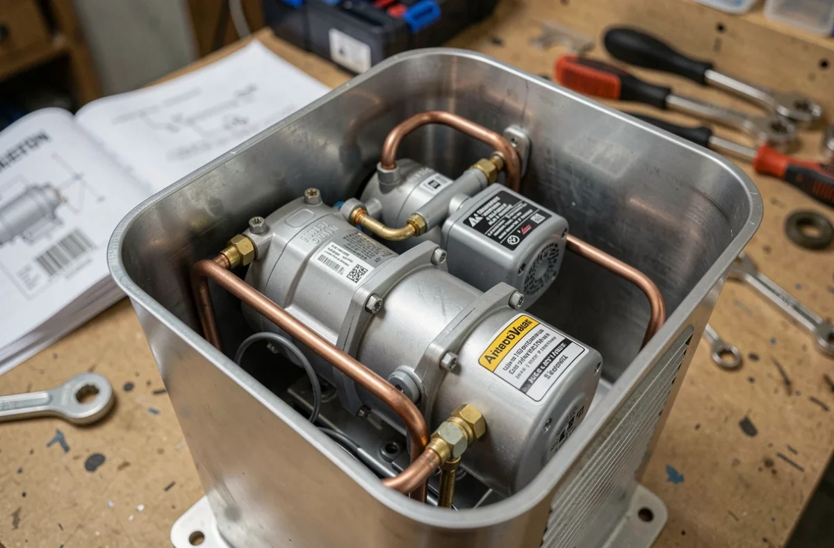 Gros plan sur les composants internes d'une pompe à chaleur air-eau : compresseur et circuit frigorifique