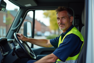 Homme d'âge moyen dans un camion de déménagement urbain
