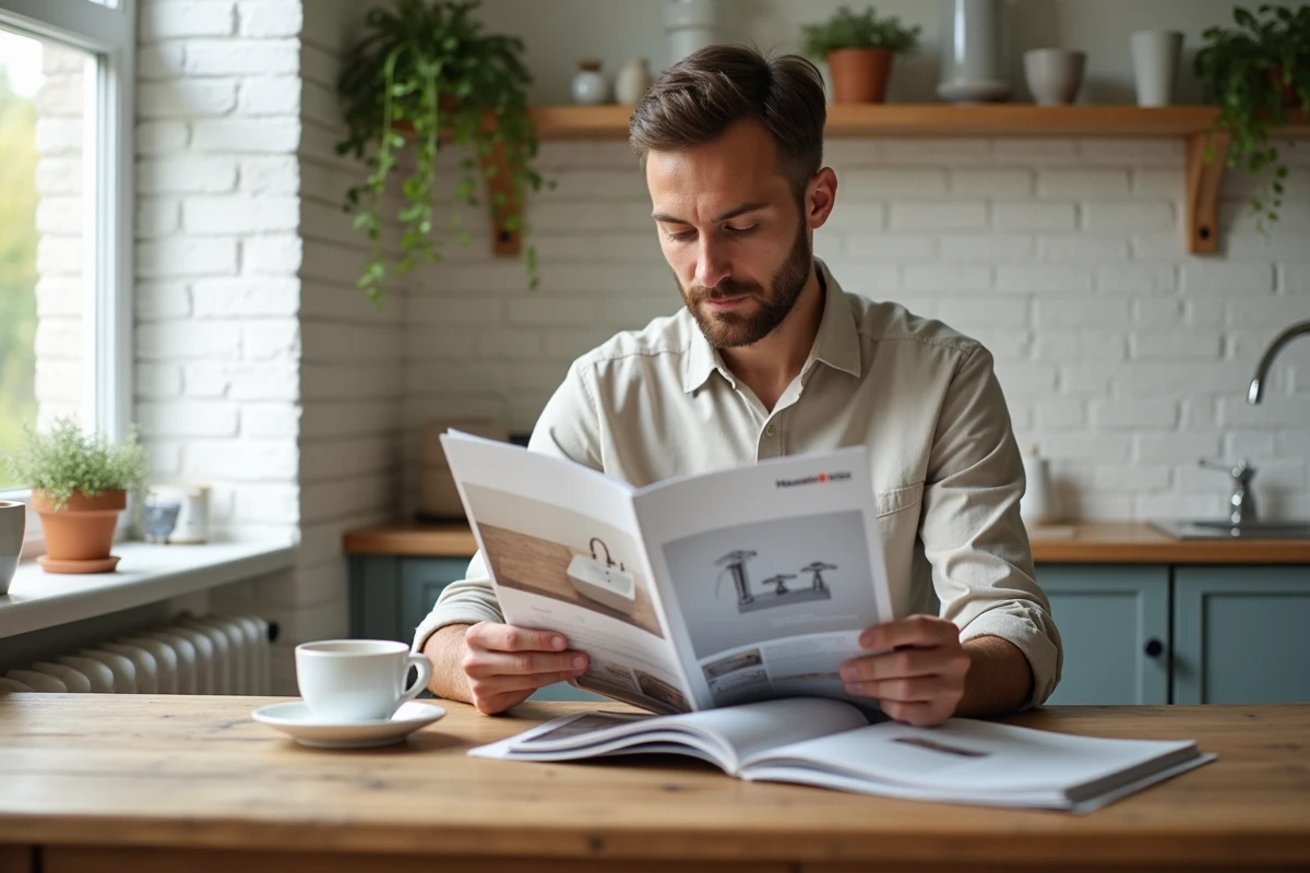 Personne consultant des avis sur les produits Hudson Reed et un catalogue de salle de bains à une table en bois