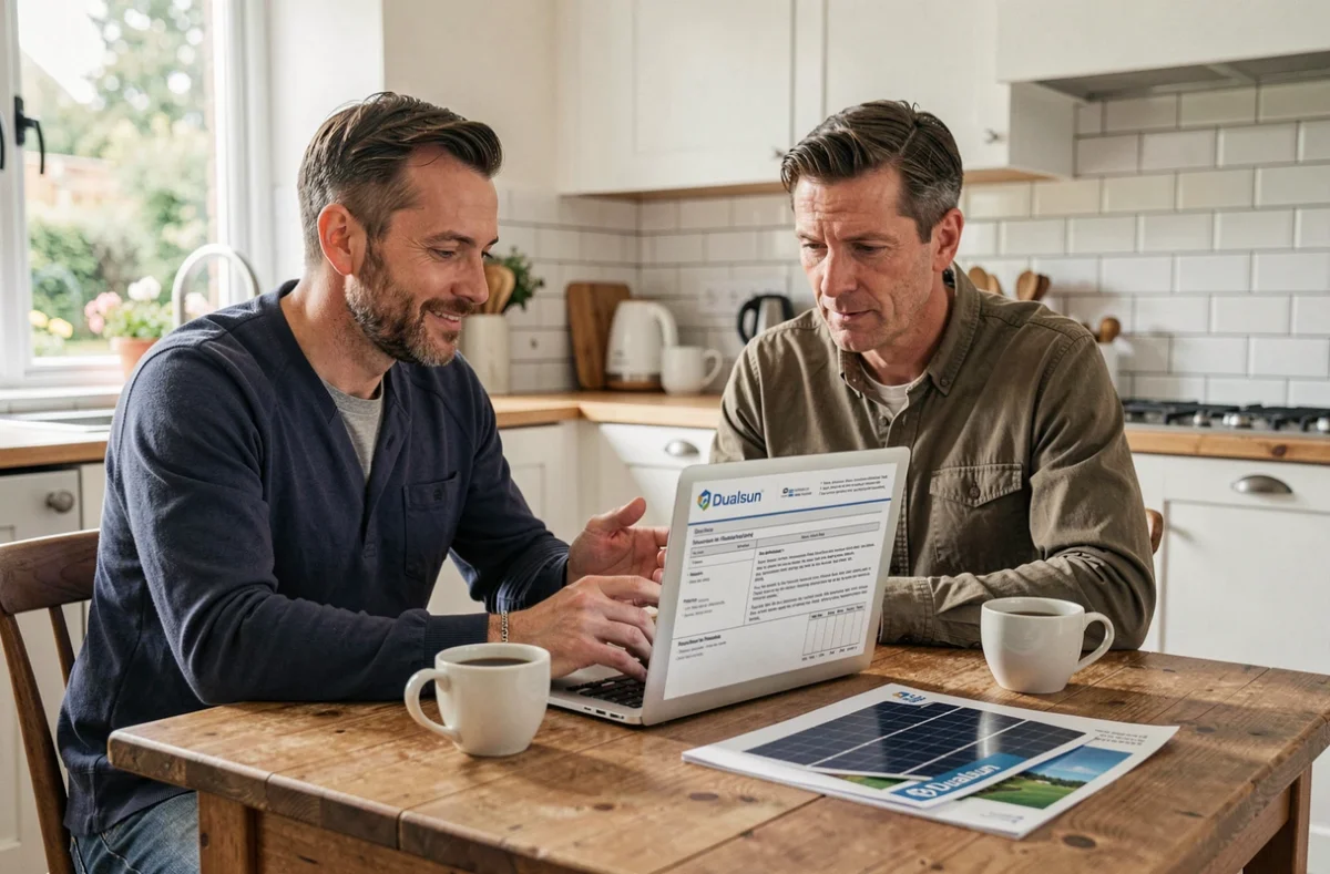 Couple consultant un devis pour des panneaux solaires Dualsun dans une cuisine moderne