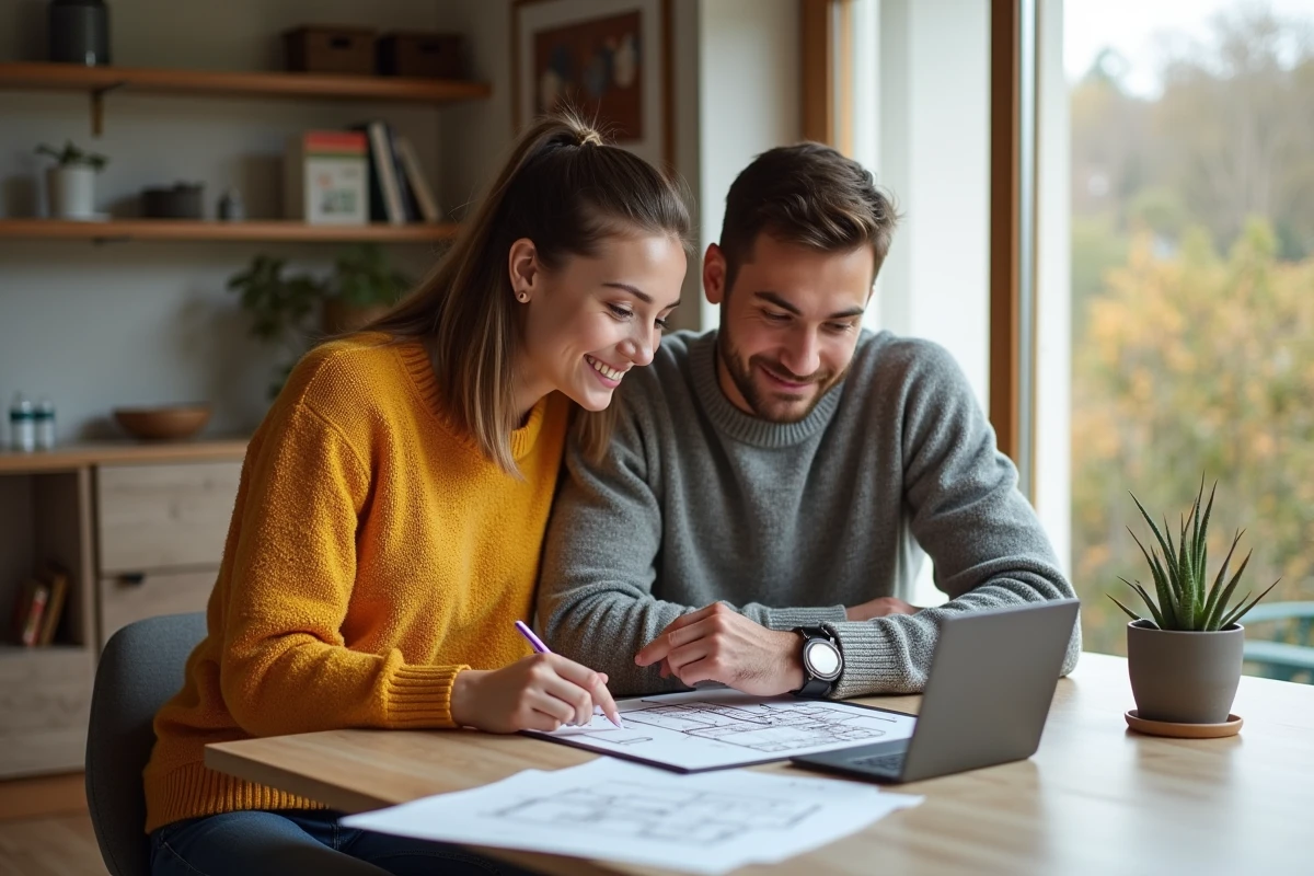 Jeune couple examine un plan de maison sur une tablette dans un salon lumineux
