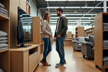 Jeune couple inspectant un meuble TV moderne en magasin