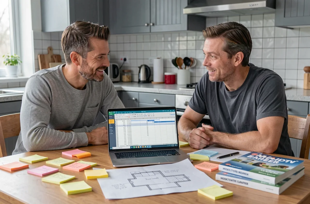 Couple planifiant le volume de déménagement autour d'une table avec des notes et un tableau de calcul en mètres cubes