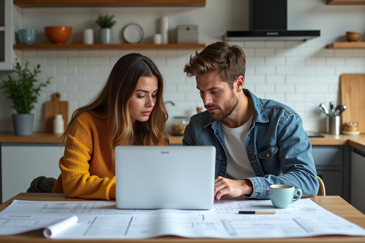 Jeune couple discute autour d un ordinateur et devis piscine