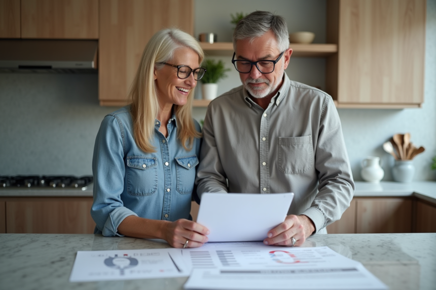 Couple de milieu d'âge révisant plans de cuisine moderne