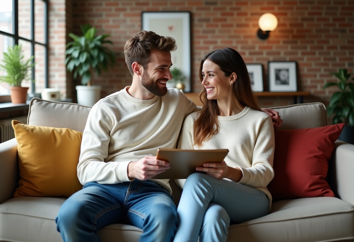 Jeune couple discutant de tissus sur un canapé vintage dans un loft