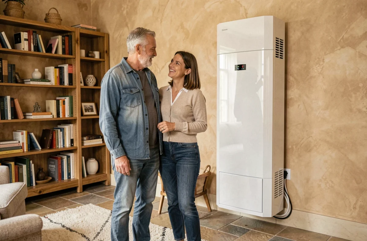 Couple satisfait devant leur nouvelle pompe à chaleur air-air après obtention de l'aide gouvernementale