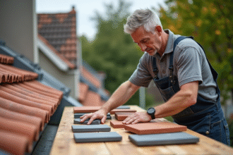 Ouvrier couvreur examinant des tuiles sur un chantier
