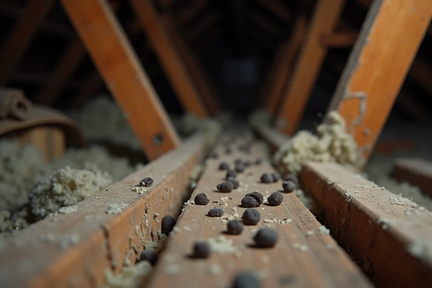 Crottes de fouine sur une poutre en bois dans un grenier poussiéreux, signe typique de présence de cet animal