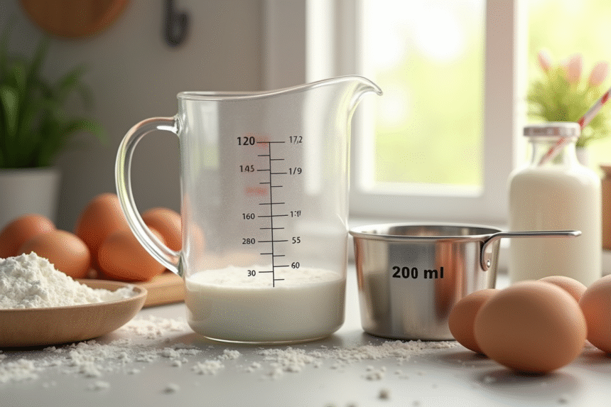 Plan de cuisine avec un verre doseur et ingrédients frais