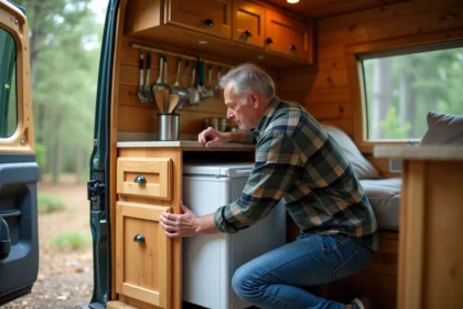 Homme en chemise à carreaux dans un van en bois cuisine compacte