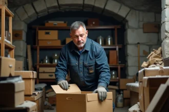 Professionnel du débarras triant des cartons et meubles anciens dans une cave encombrée lors d'un service clé en main