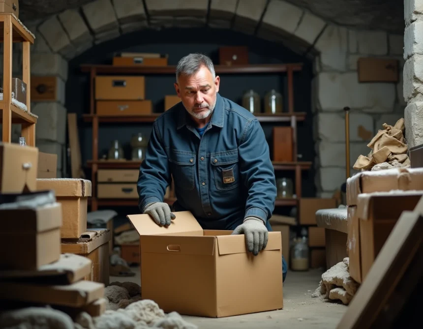 Professionnel du débarras triant des cartons et meubles anciens dans une cave encombrée lors d'un service clé en main