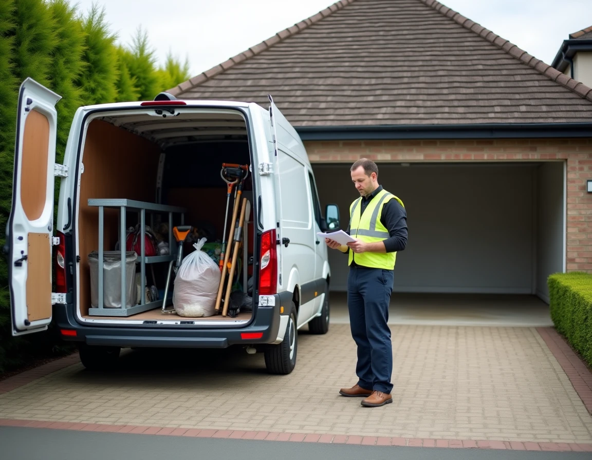 Camion de débarras chargé devant un garage vidé avec un professionnel vérifiant sa liste après un service clé en main