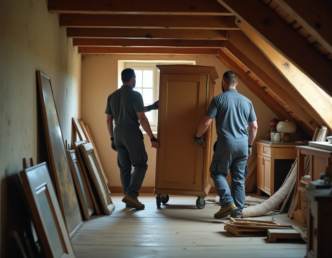 Deux déménageurs portant une armoire dans un grenier encombré lors d'un débarras clé en main de maison ancienne