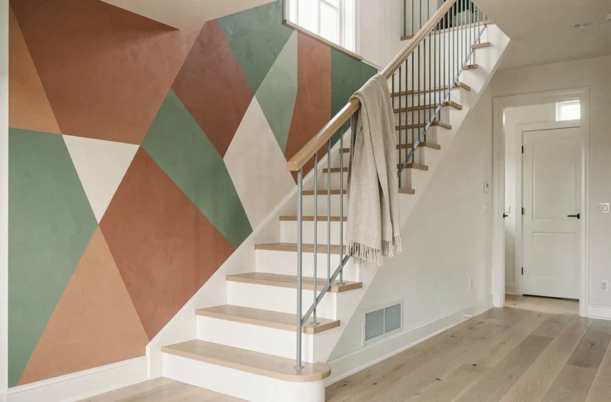 Mur de cage d'escalier décoré d'une fresque géométrique aux tons terracotta et vert sauge dans un intérieur scandinave contemporain