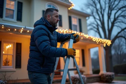 Décorateur professionnel installant des guirlandes lumineuses LED blanc chaud sur la façade d'une maison en hiver