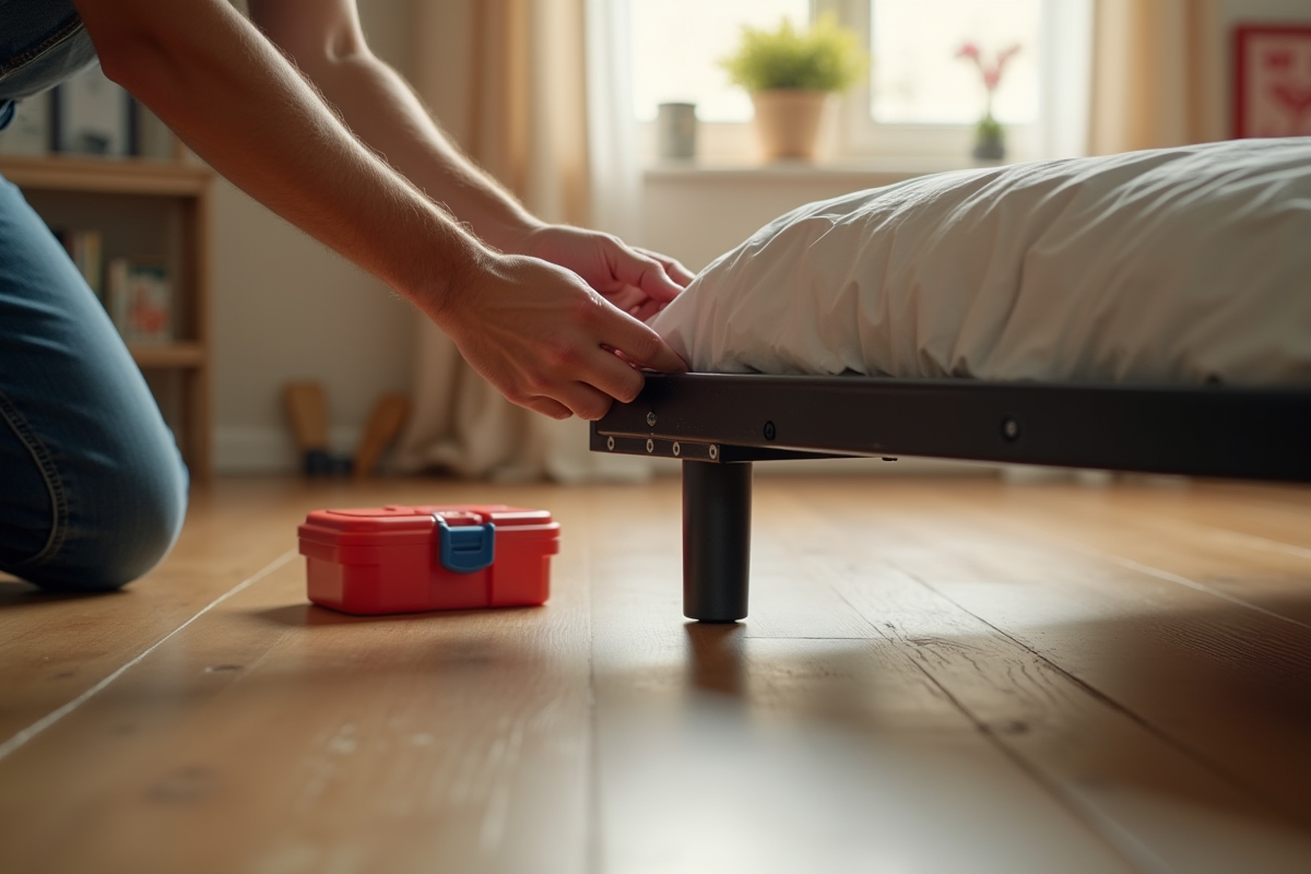 Mains dévissant les connexions du cadre métallique du lit