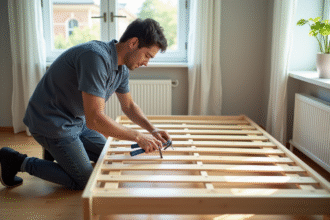 Personne démontant un sommier en bois dans une chambre lumineuse