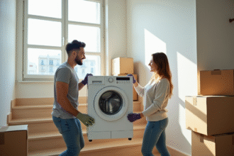 Homme et femme souriants portant une machine à laver dans un escalier lumineux