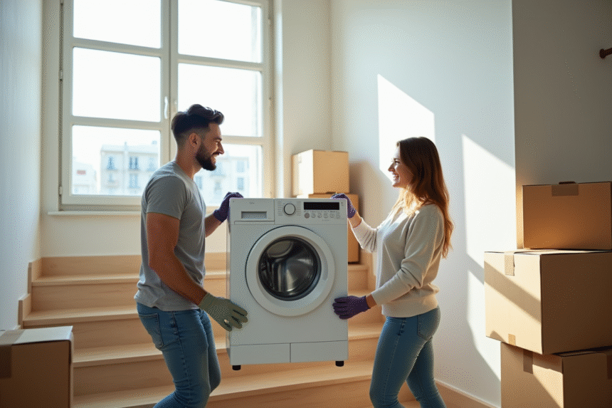 Homme et femme souriants portant une machine à laver dans un escalier lumineux