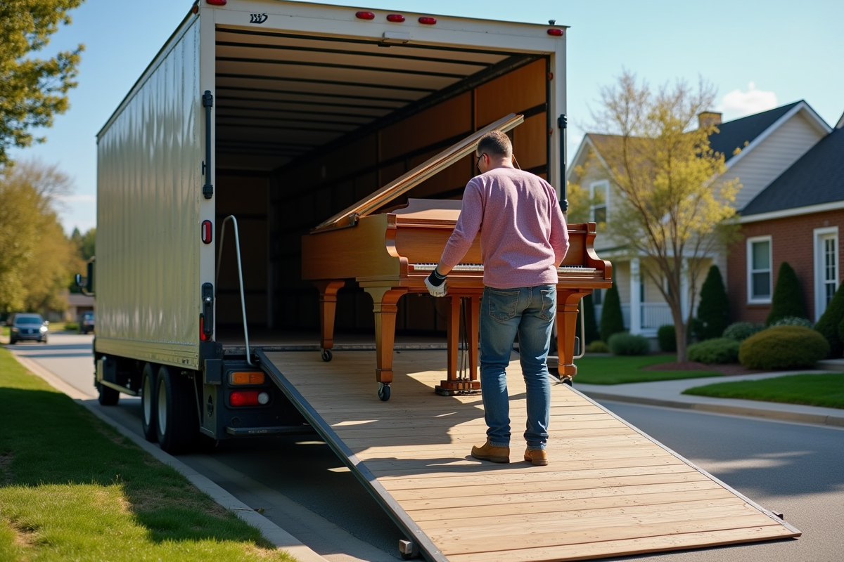 Homme roulant un piano sur une rampe dans un quartier ensoleille