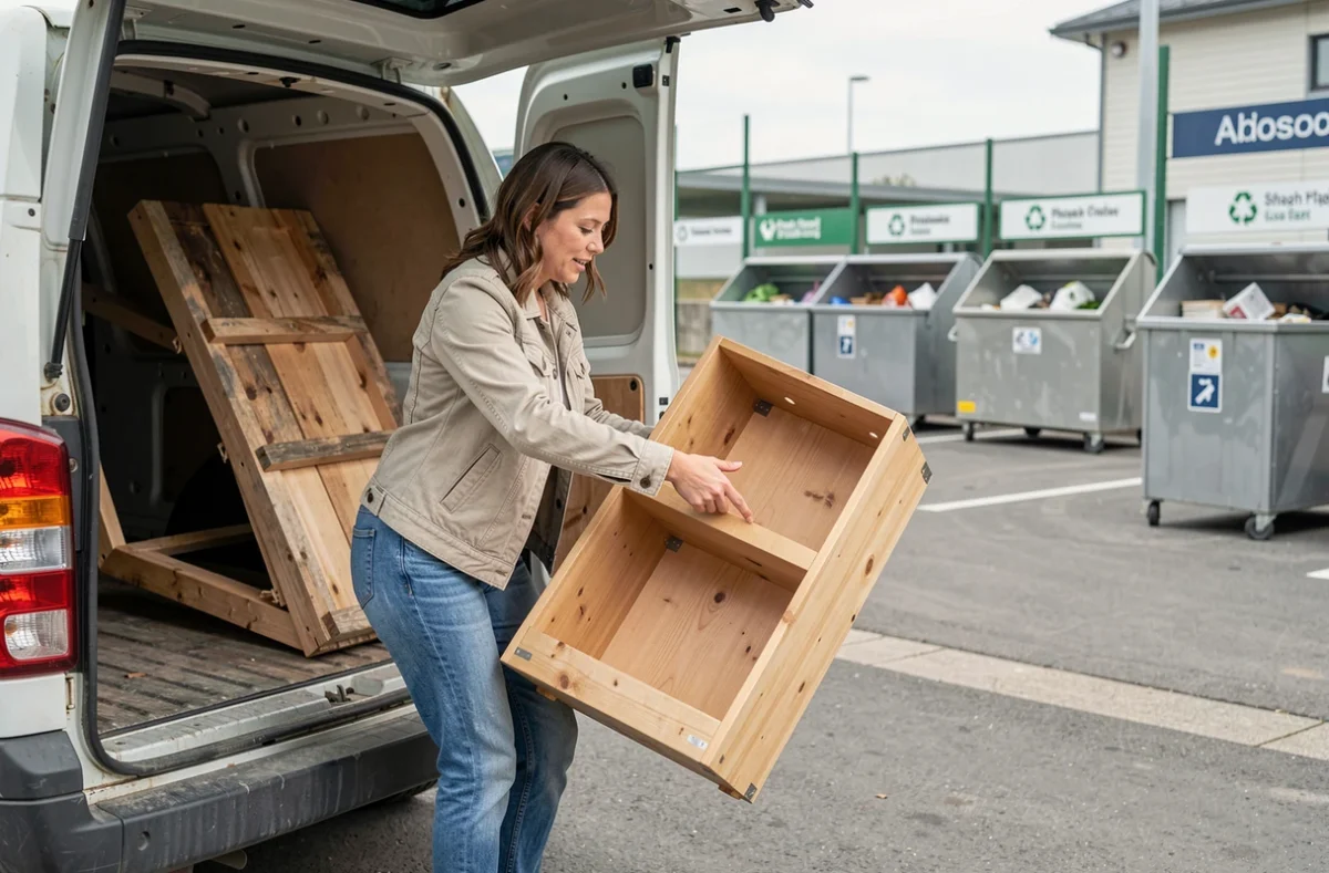 Une femme dépose une étagère en bois en déchèterie parisienne, illustration du dépôt d'encombrants dans un centre de tri moderne