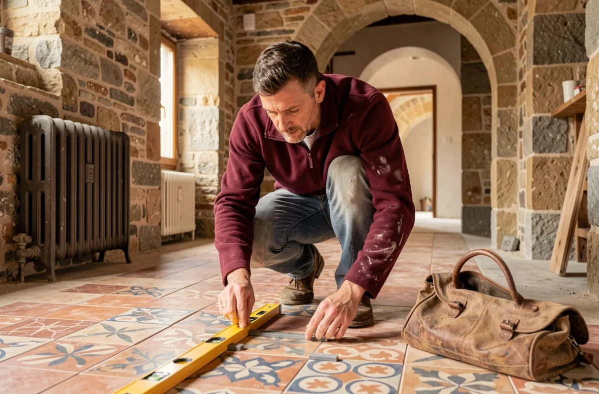 Artisan Deschamps Carrelage posant un carrelage à motifs dans une maison en pierre à Charleville-Mézières, Ardennes