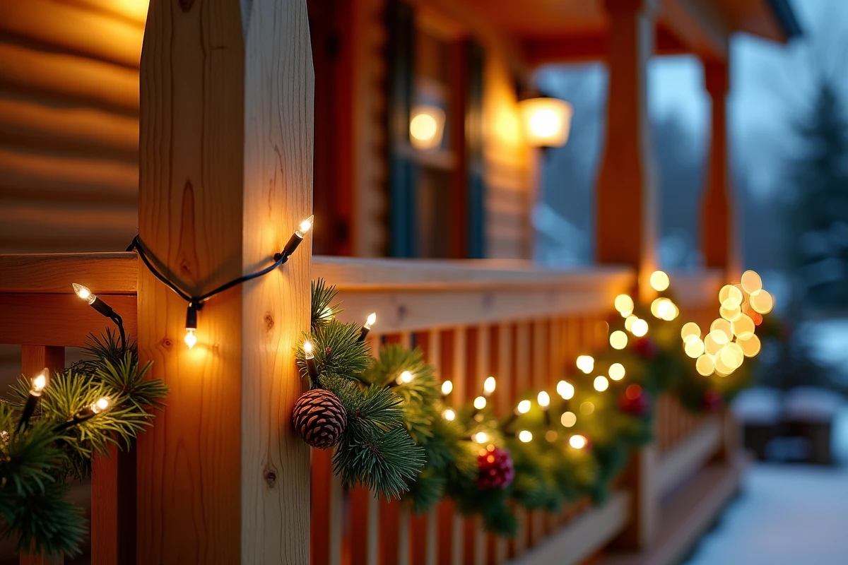 Détail d'une installation professionnelle de guirlandes lumineuses LED sur un porche en bois décoré pour Noël