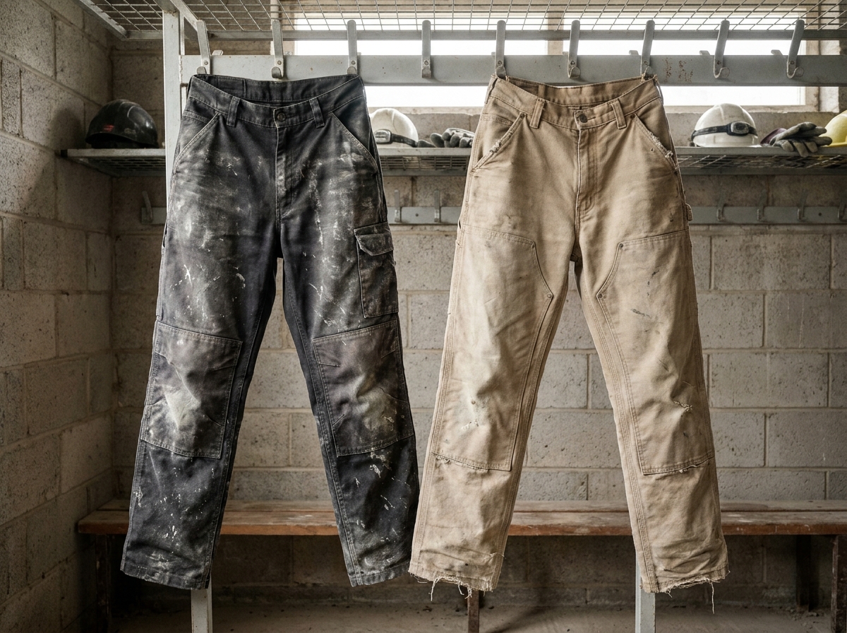 Deux pantalons de chantier usés suspendus dans un vestiaire de bâtiment, montrant les détails d'usure des genoux renforcés et des poches