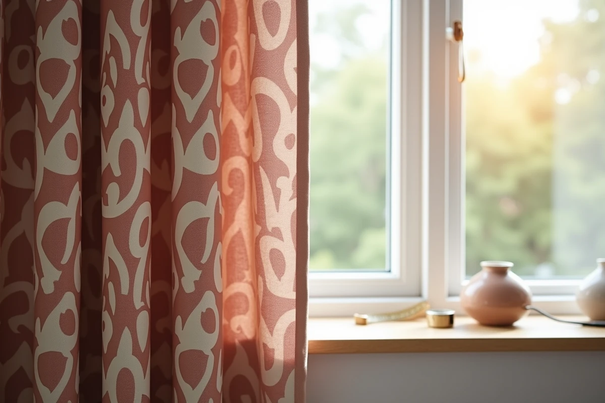 Gros plan sur le tissu d'un rideau occultant à motif art déco accroché sur une tringle en bois dans une chambre