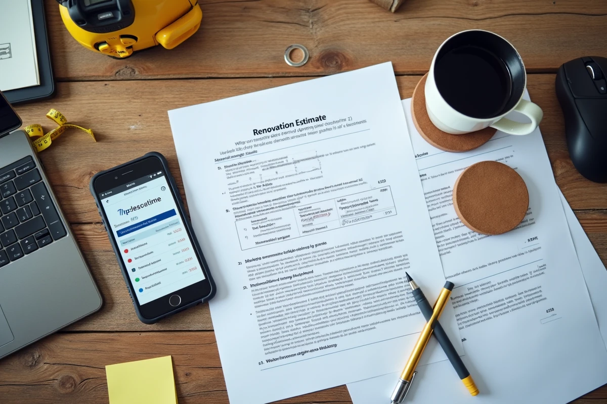 Vue aérienne d'un devis de rénovation annoté avec smartphone affichant une comparaison de prix en ligne sur bureau