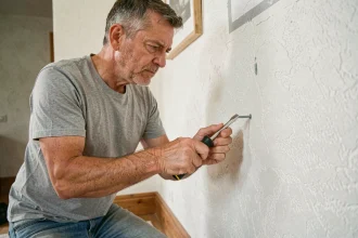Homme vissant délicatement une vis de cheville murale dans un mur en plâtre blanc sans l'abîmer