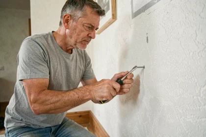 Homme vissant délicatement une vis de cheville murale dans un mur en plâtre blanc sans l'abîmer