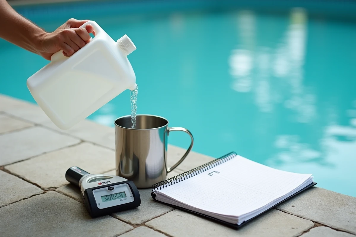 Versement de javel dans un doseur gradué sur le bord d'une piscine avec carnet de suivi et kit de test