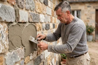 Maçon appliquant un mortier ciment-sable sur un mur en pierre de taille lors d'une rénovation de bâtisse rurale