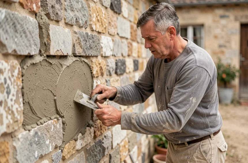 Maçon appliquant un mortier ciment-sable sur un mur en pierre de taille lors d'une rénovation de bâtisse rurale