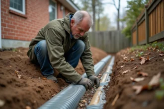 Ouvrier installant un drain agricole en gravier le long des fondations d'une maison en briques pour améliorer le drainage périphérique