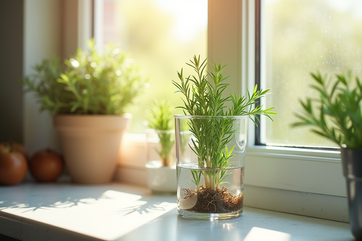 Romarin en eau avec racines naissantes sur une fenêtre ensoleillée