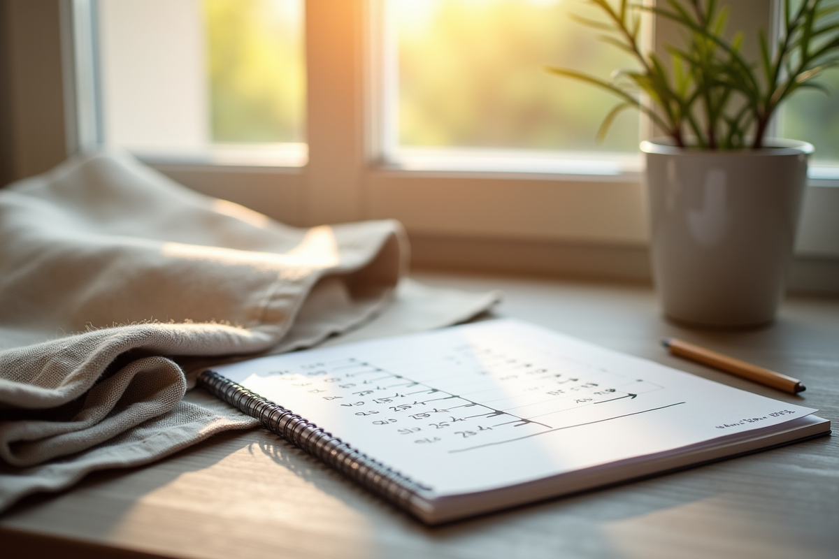 Echantillons de tissus et notes de calculs de largeur de rideau