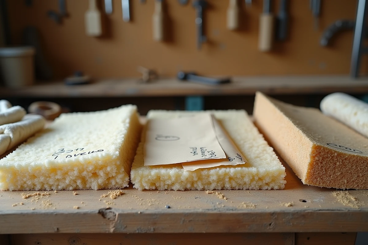 Échantillons de matériaux d'isolation écologiques en laine de mouton, chanvre et cellulose sur un établi d'atelier