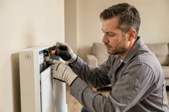 Électricien professionnel inspectant le câblage d'un radiateur électrique mural dans un appartement moderne