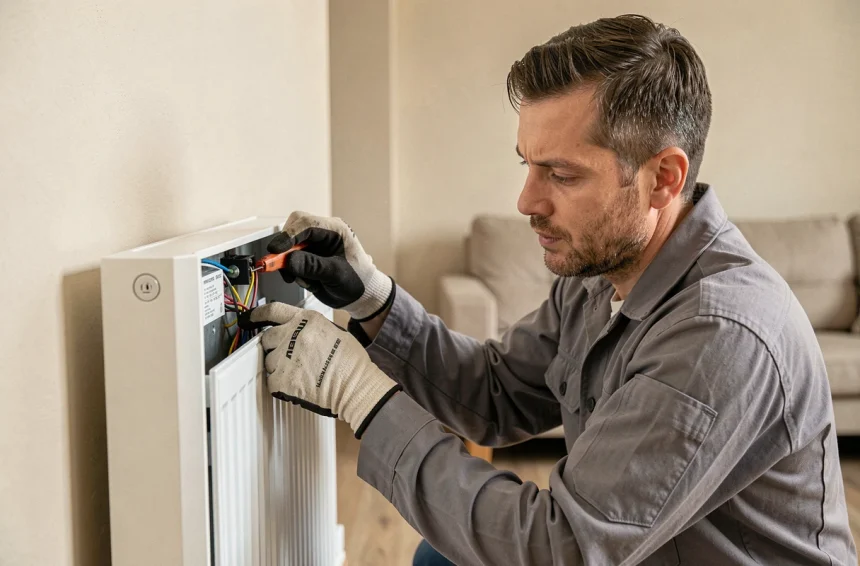 Électricien professionnel inspectant le câblage d'un radiateur électrique mural dans un appartement moderne
