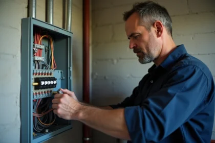 Électricien homme vérifiant un tableau électrique dans une pièce
