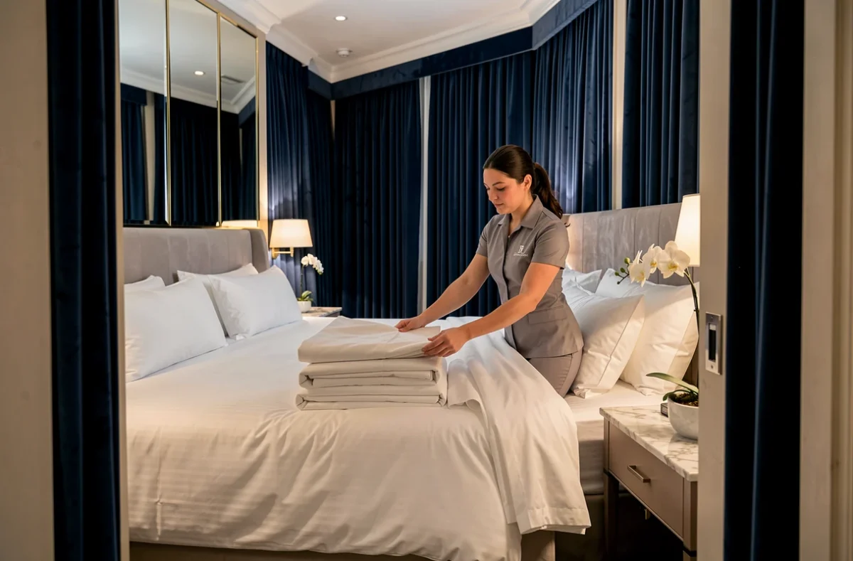 Employée de maison de luxe faisant le lit dans une suite hôtelière cinq étoiles avec draps en lin blanc et rideaux en velours marine