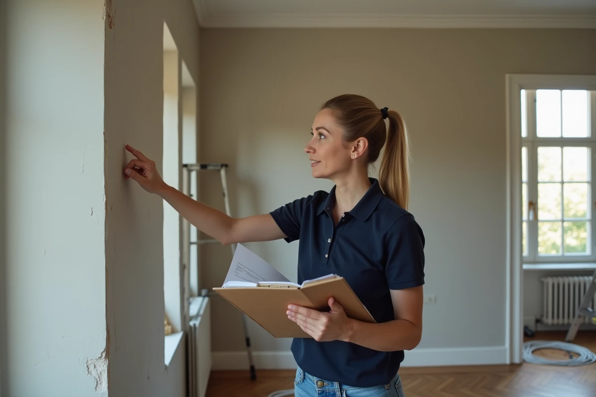 Entrepreneuse en rénovation expliquant un devis détaillé dans un intérieur belge en cours de travaux